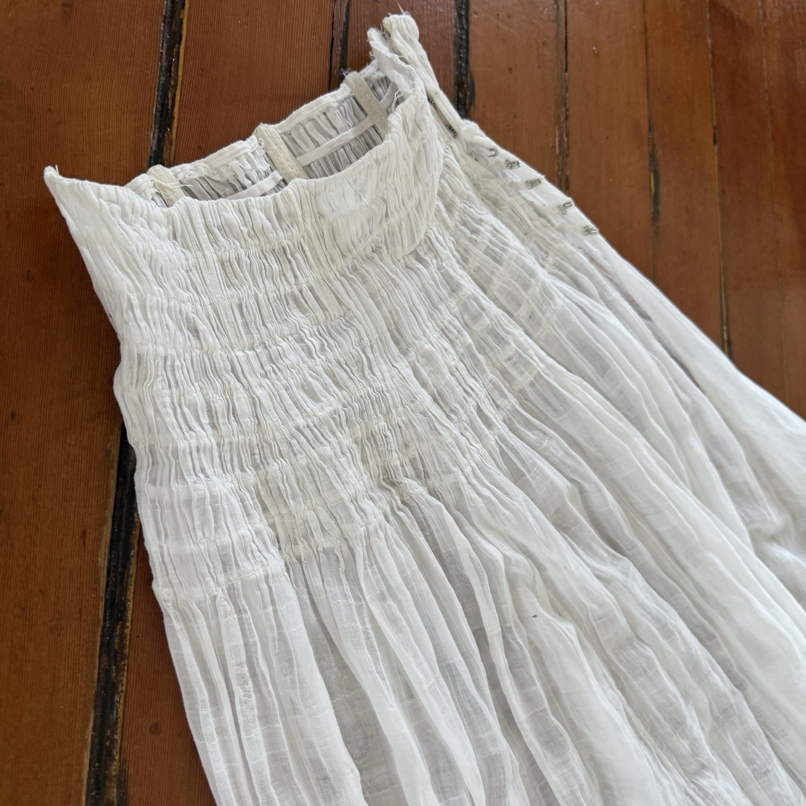 Antique Edwardian Sheer Windowpane Cotton Voile Skirt w Boned/Corseted Waist