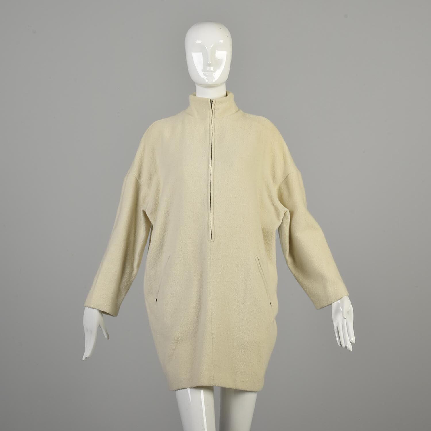 1980s XL XXL Cream Sweater Half Zip Dress Drop Shoulder Angora Wool Off White
