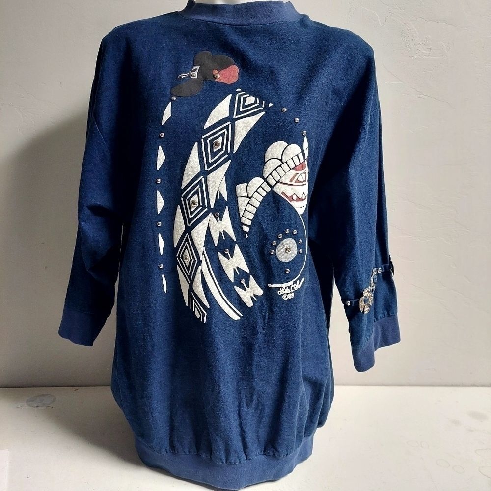 Lida Blue Chambray Top Shirt Southwestern Art Vintage 80s Embelished Size L