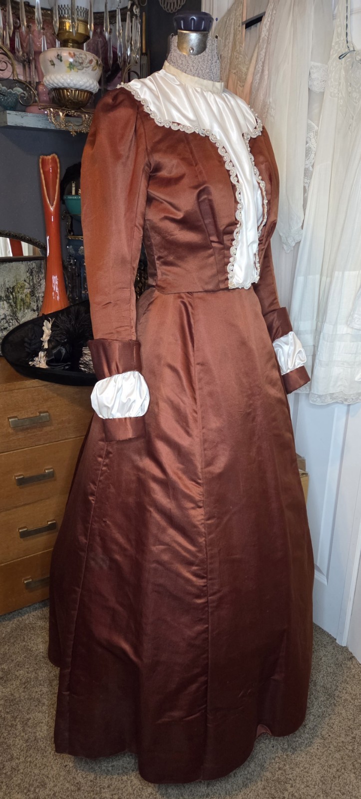 Victorian Copper Silk Blend Walking Suit w/ Ivory Taffeta Inserts & Pearl Trim