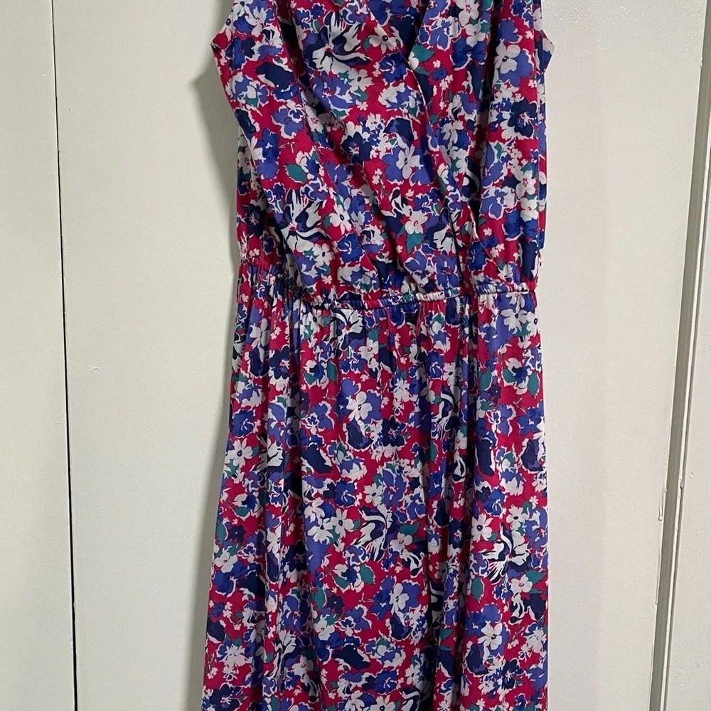Stanko Fashions Vintage Floral V-Neck Sleeveless Polyester Dress with Belt 13/14