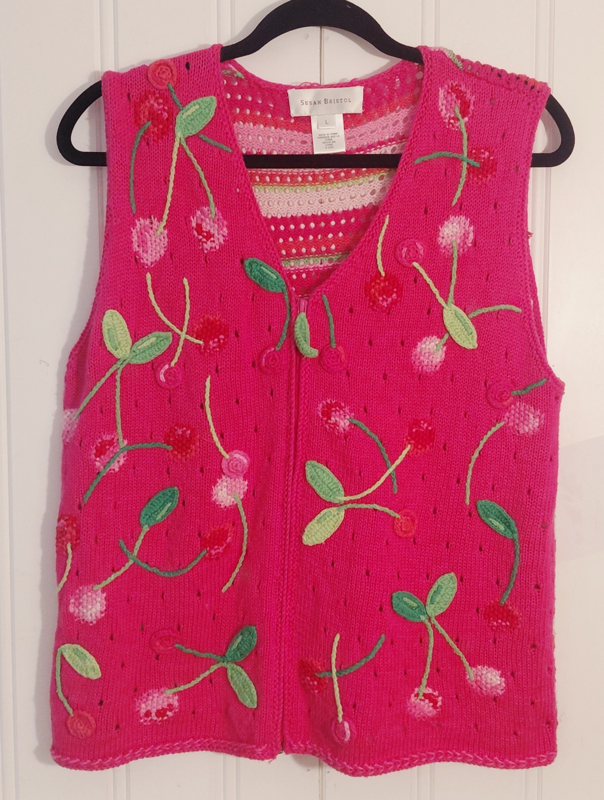Vintage Susan Bristol Pink Cherries Size: L Zip-Up Sweater Vest