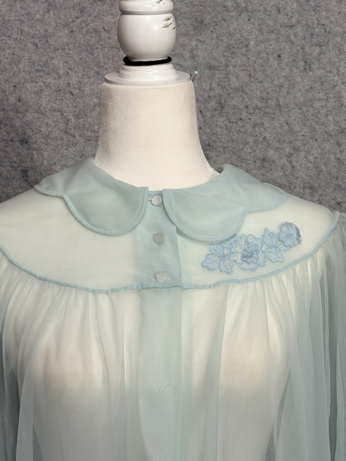 VTG Shadowline Blue Peignoir Robe M Sheer Nylon Bridal Coquette Cottagecore