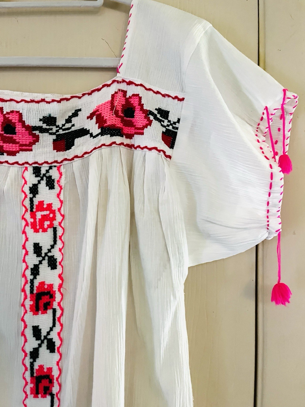 VTG 70s Mexican Folk Embroidered Festival Beach Boho Cotton Caftan Tunic Dress