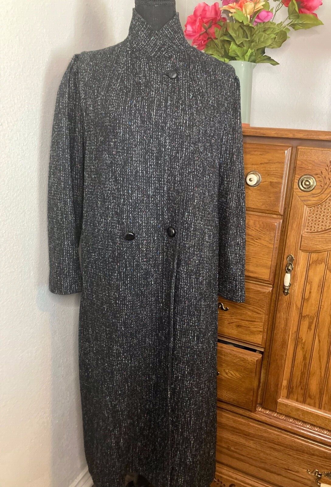 BBI Black Women&rsquo;s Vintage Textured Tweed Wool Overcoat w/ Leather Trim L XL 
