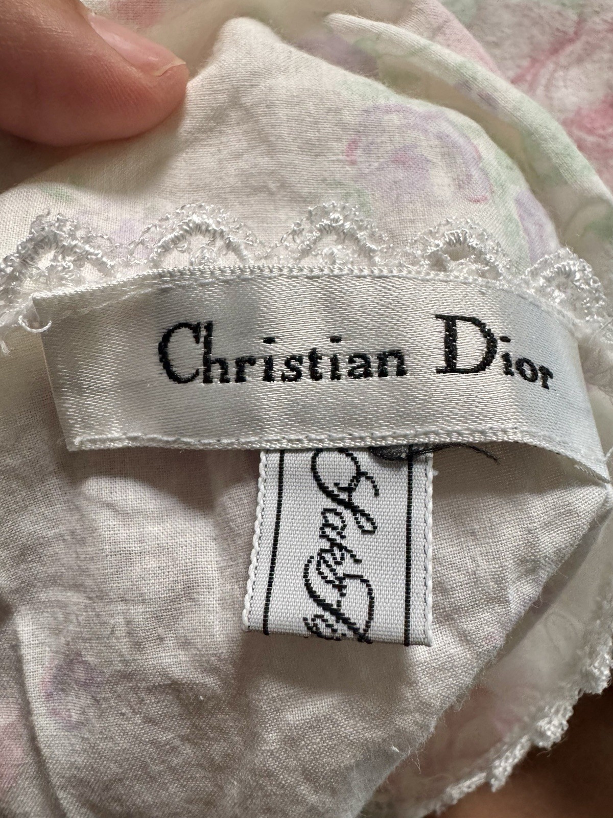 Vintage 1970s Christian Dior Petite Floral Cotton Nightgown Lace Trim