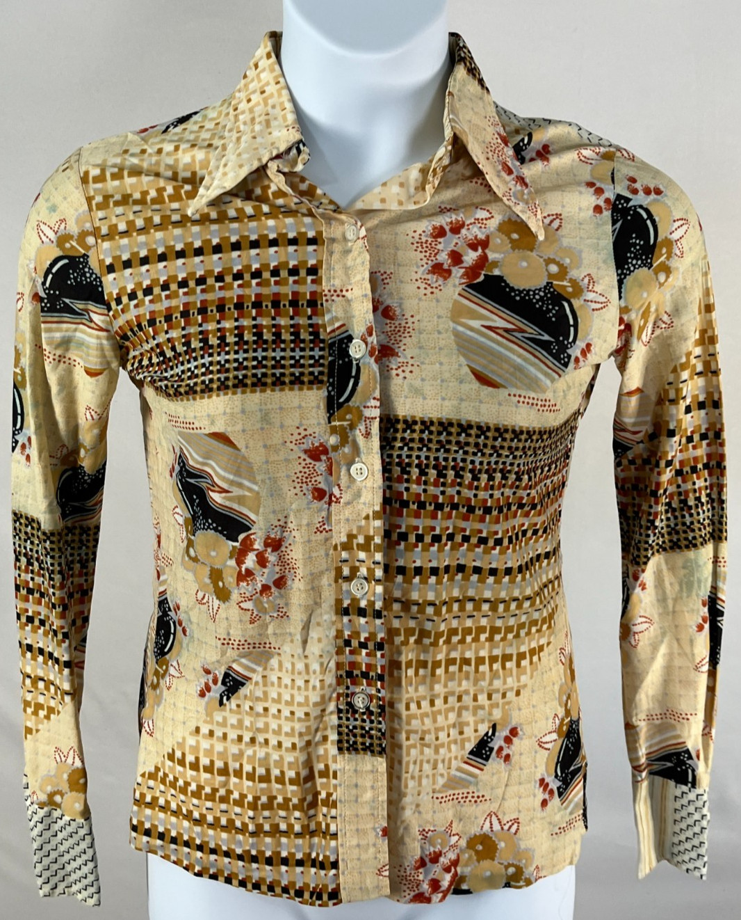 Vintage 70s Mod Geometric Disco Blouse Womens S Button Up Oak Hill