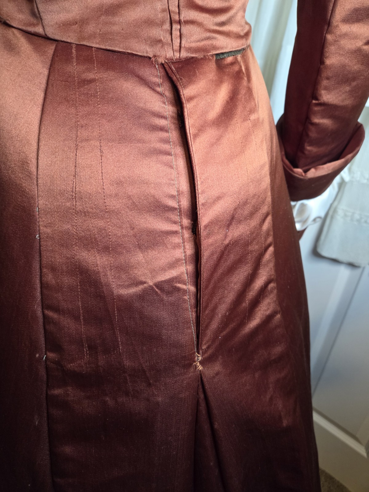 Victorian Copper Silk Blend Walking Suit w/ Ivory Taffeta Inserts & Pearl Trim