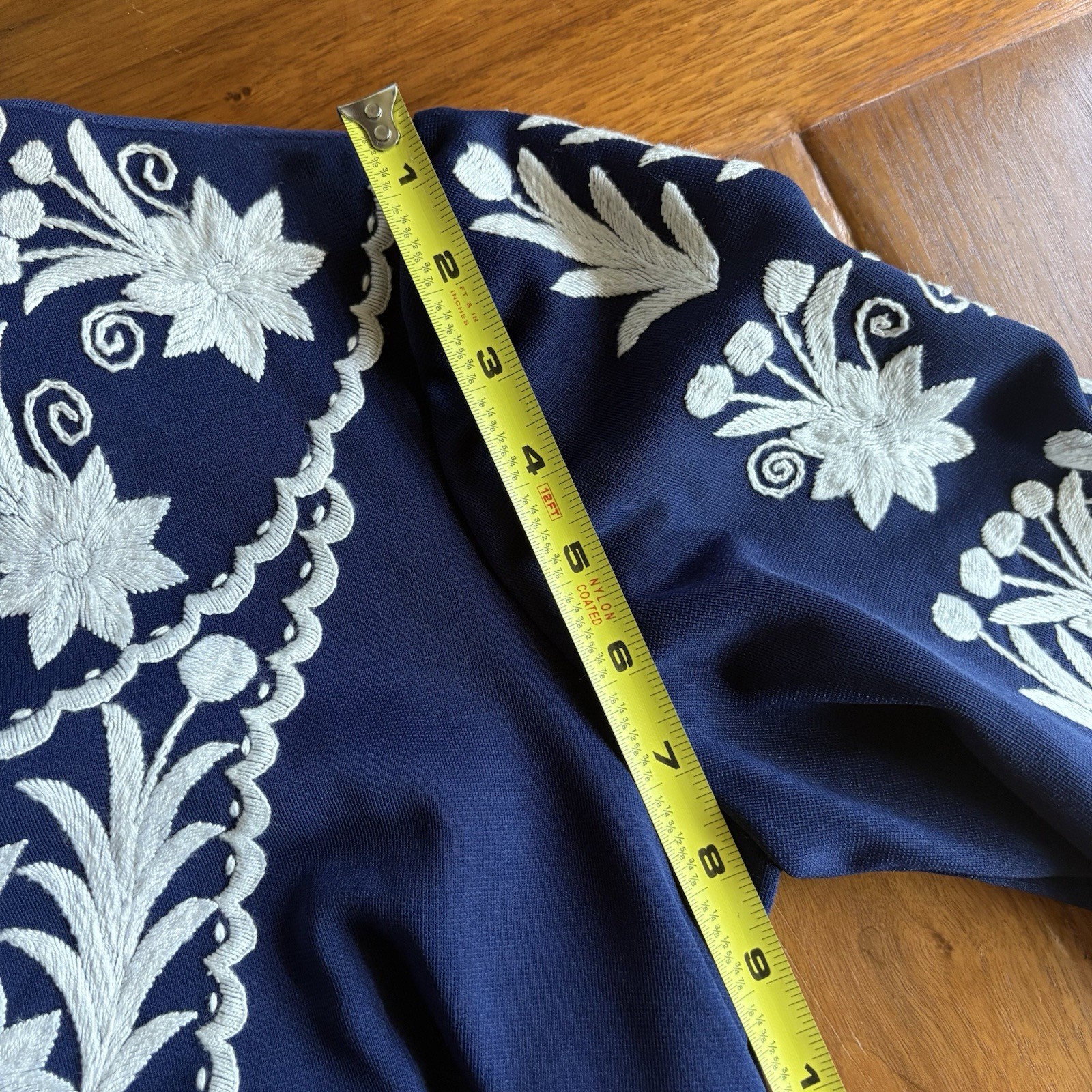 VTG Hand Embroidered Maxi Hostess Gown Dress 3/4 Bell Sleeves Knit 8-10 Bust 39&Prime;