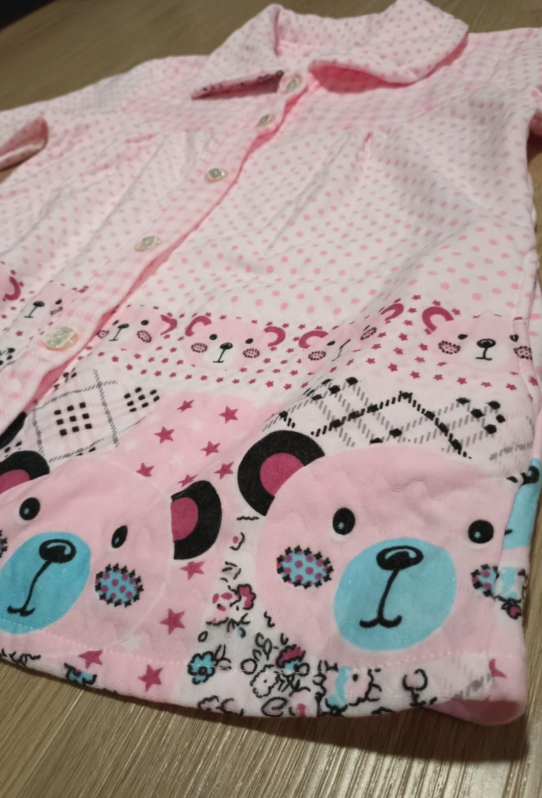 Vtg Quilted Teddy Bear Multi Print Peter Pan Collar Nursery Warm Jacket pink M L