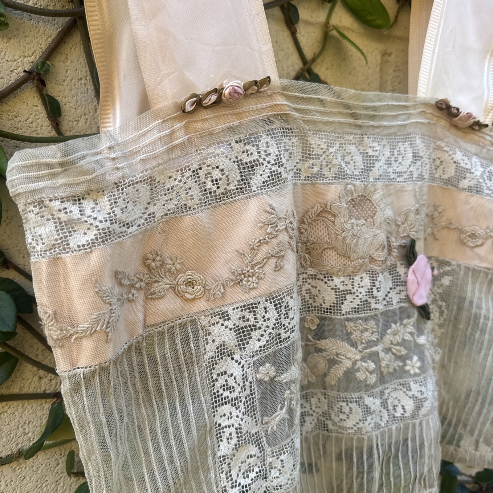 Antique Edwardian Mixed Net Lace Camisole Silk Flowers Dress Blouse Vintage