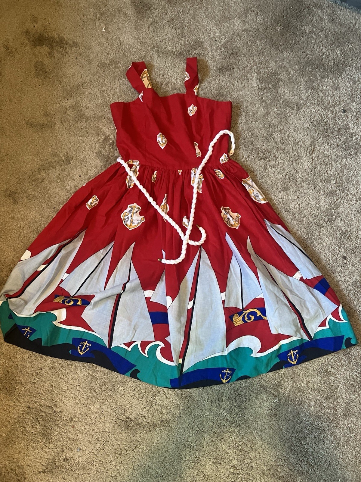 Vintage Red Sabino Dress Women Size 12 Beach Boat Summer Pinup Preppy Graphic