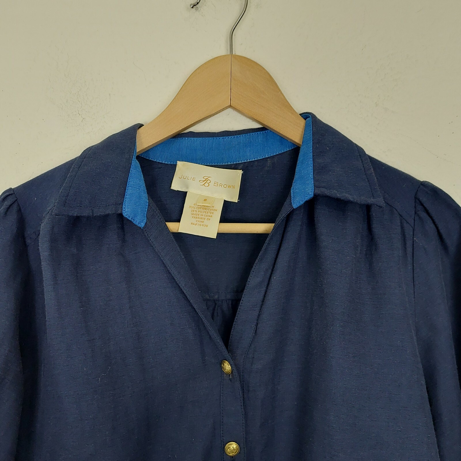 Julie Brown Vintage Size 8 Blue Button Drawstring Waist Linen Blend Shirt Dress
