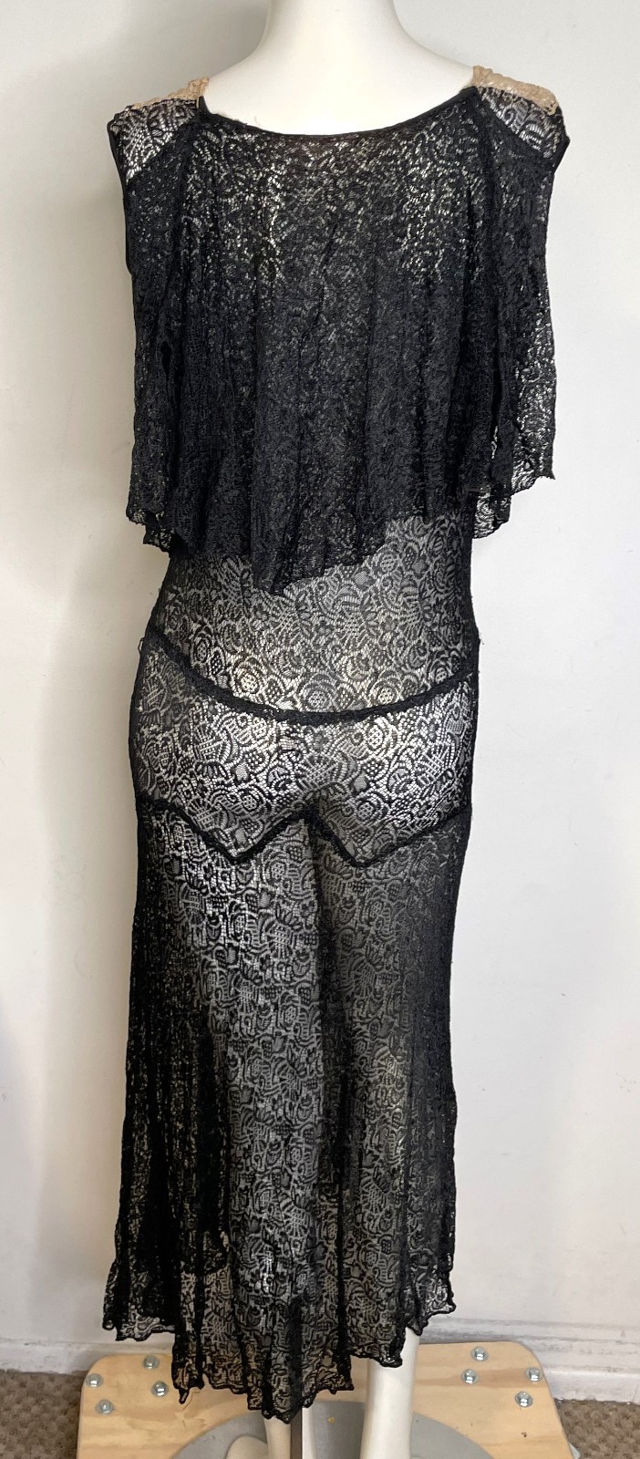 Antique 20s 30s Black Lace Art Deco Dress S M 3-in-1 Sleeveless Midi Fitted
