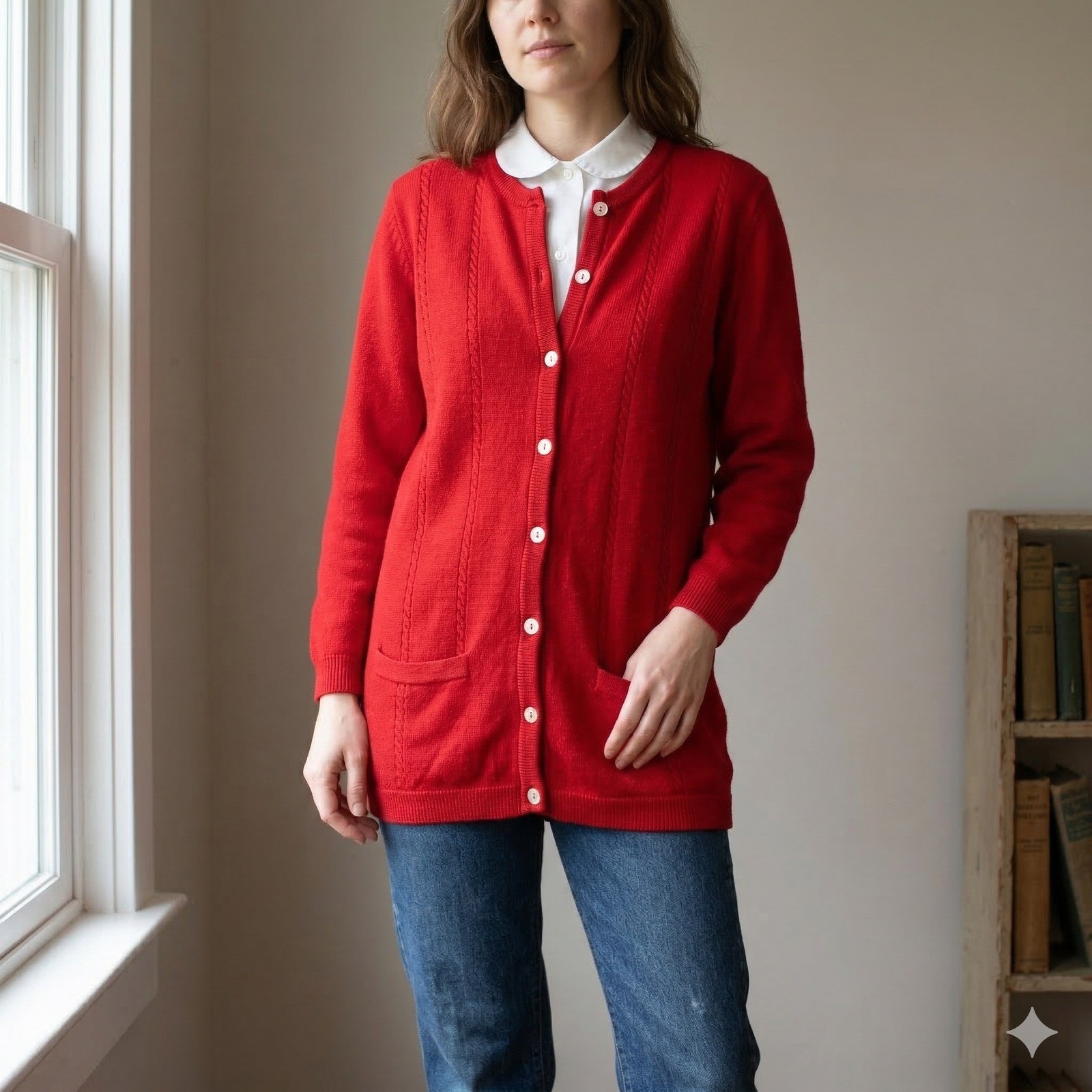 Vintage Mac Elton Cardigan Womens 38&Prime; Large Red 100% Lambswool Buttoned Sweater