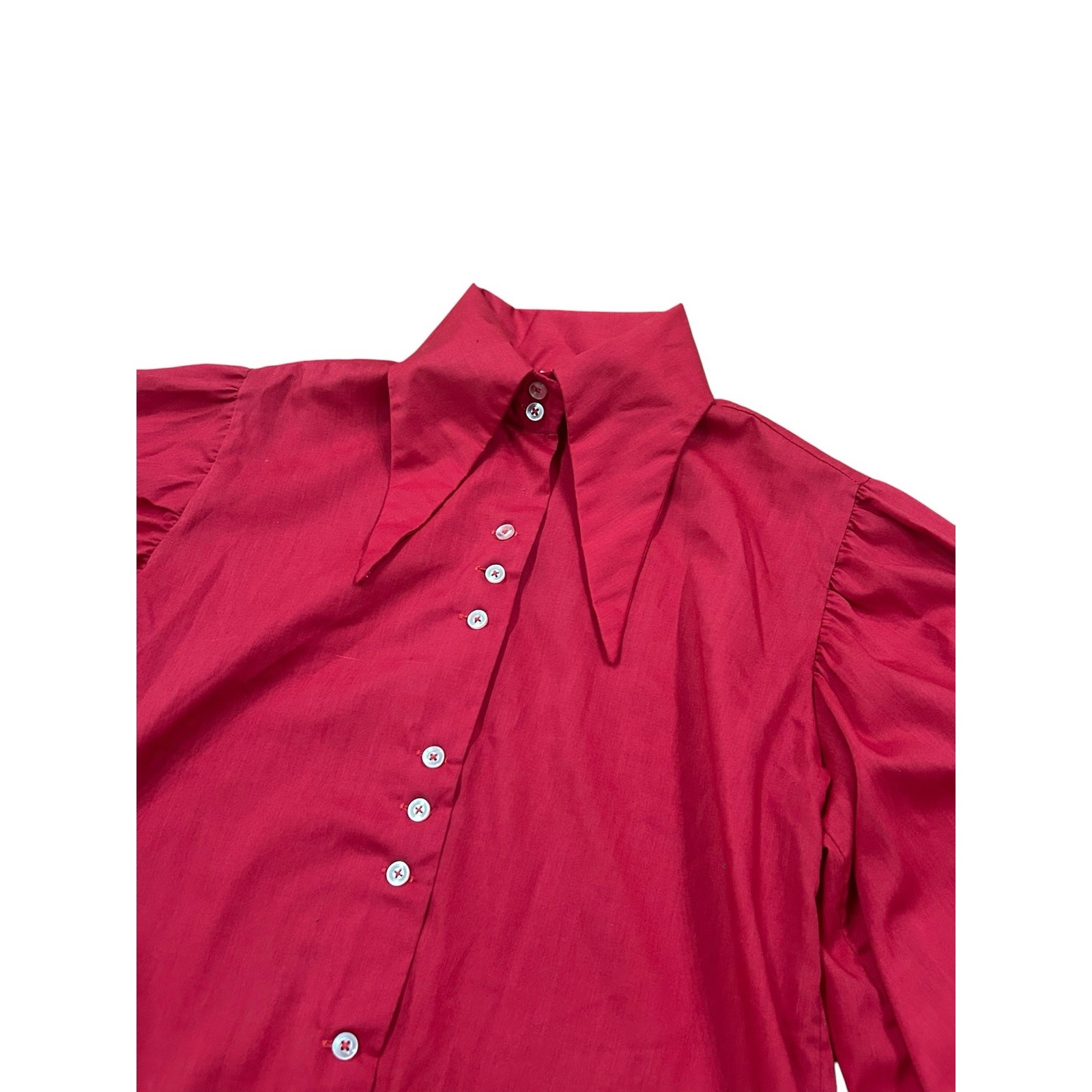 Vintage 60s Mod Dagger Collar Red Blouse Bishop Sleeve Button Front S ^