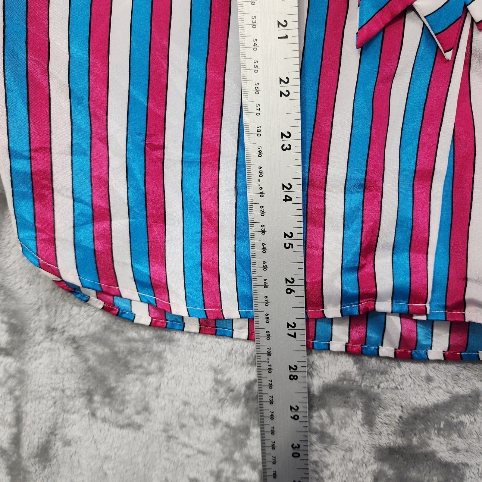 Vintage The Villager Top Womens 16 Pink Blue White Striped Tie Neck Button Front