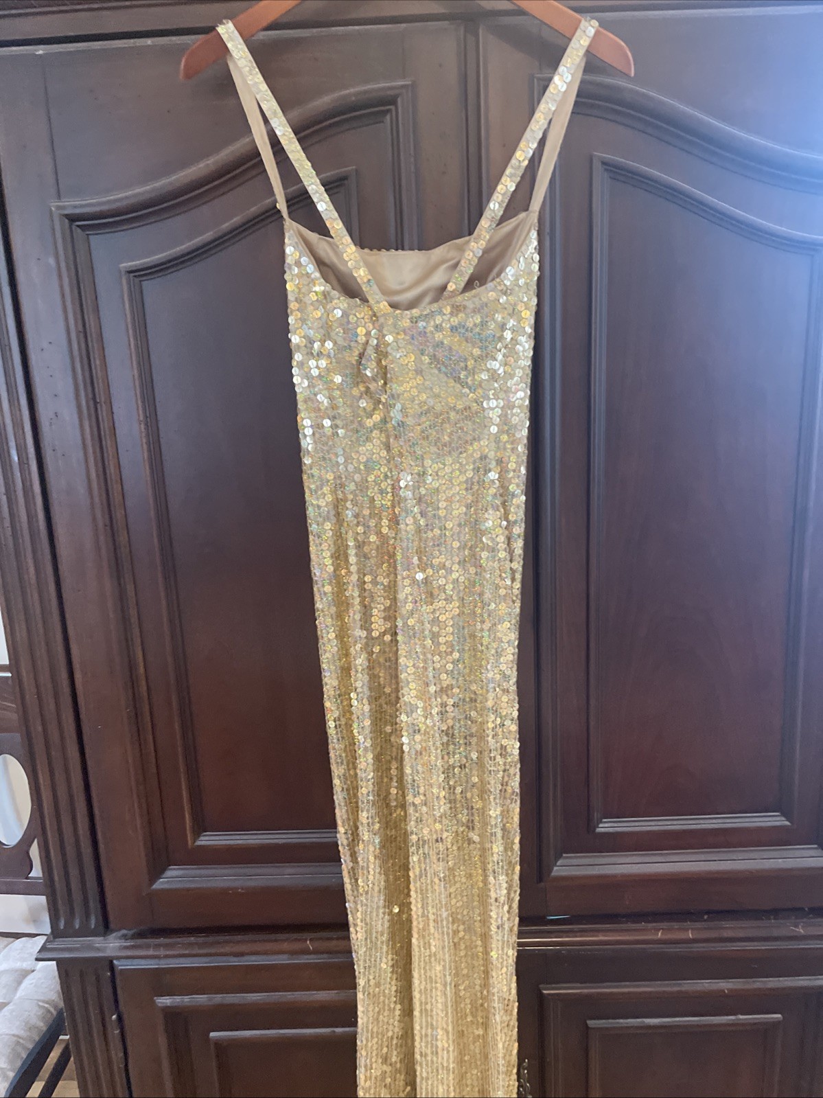 Vintage Adriana Gold sequins spaghetti Strap long, Stretch cocktail dress Sz 10