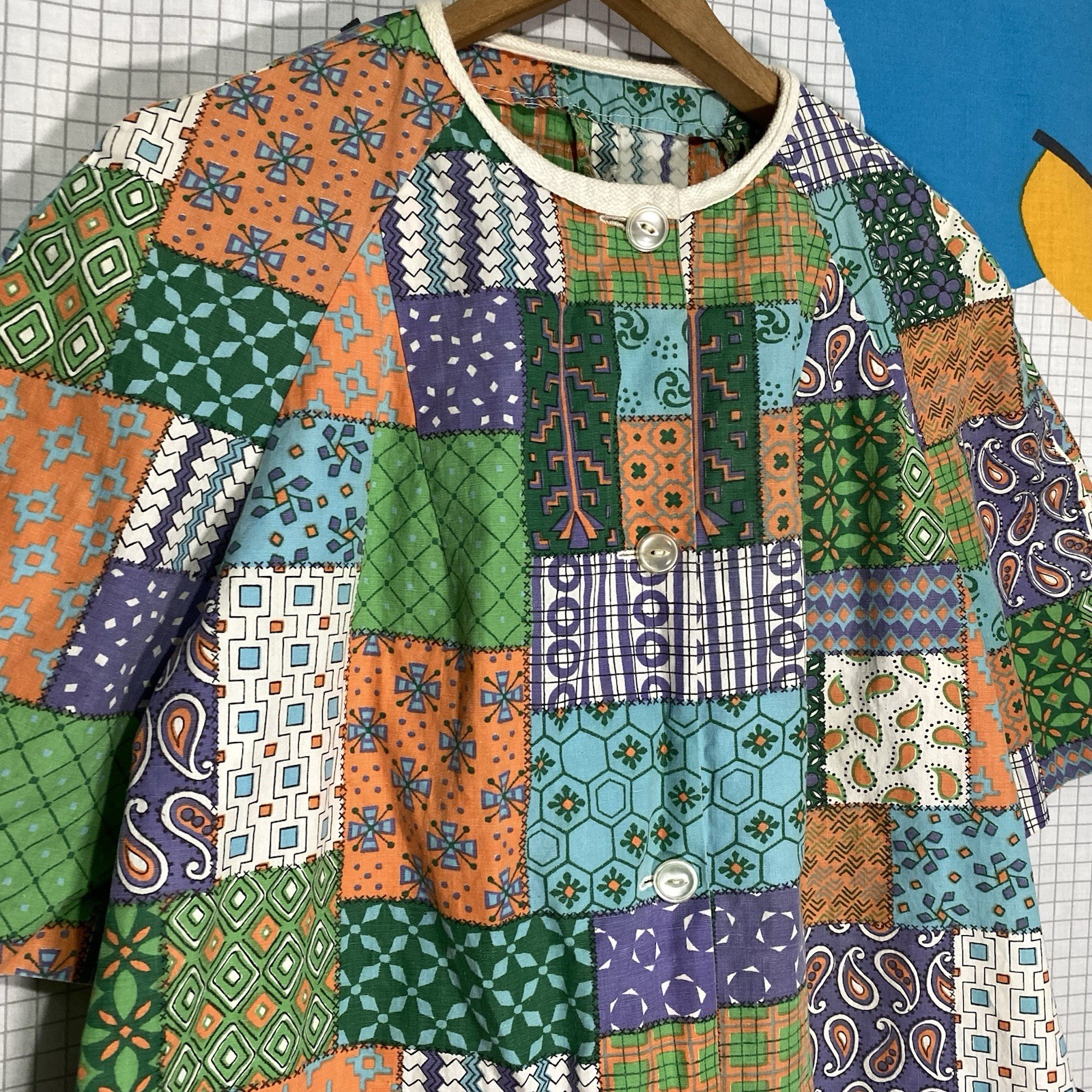 Vintage 40s 50s Paisley Dress Patchwork Print Chore Day House Button Front