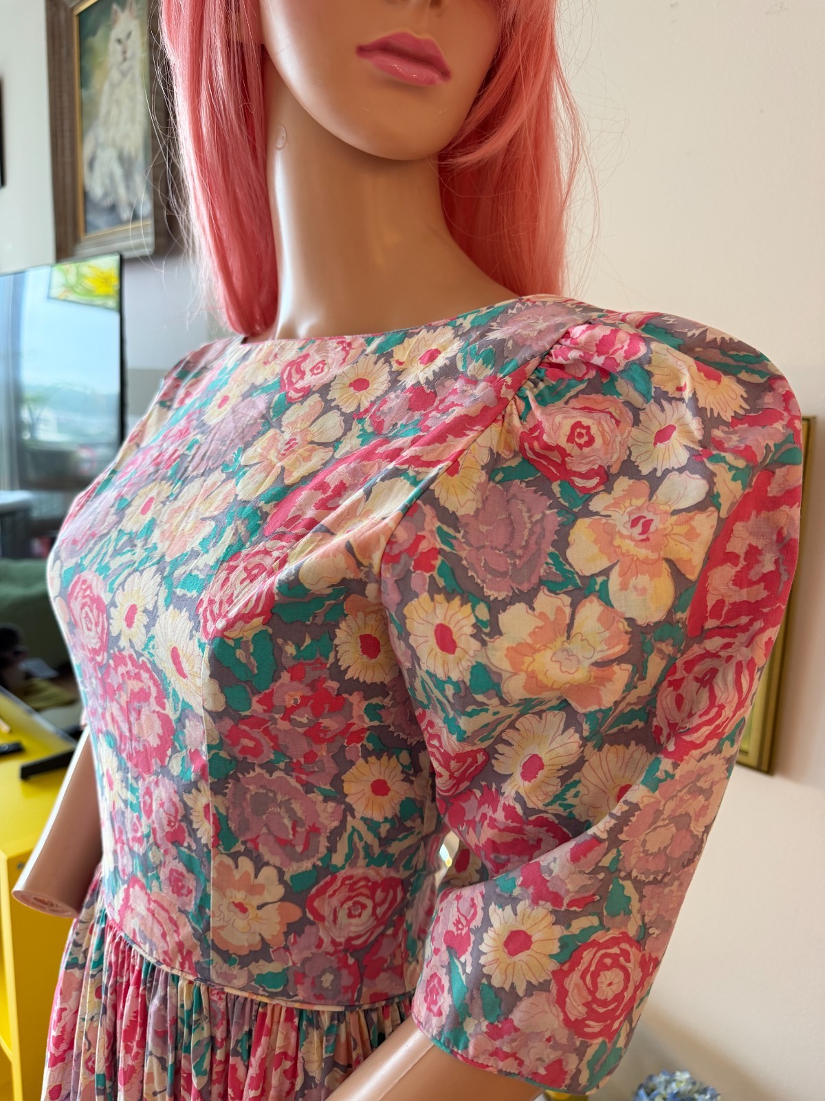 🌸 Vtg Handmade Laura Ashley Type Floral Puff Sleeve Cottagecore Midi Dress M