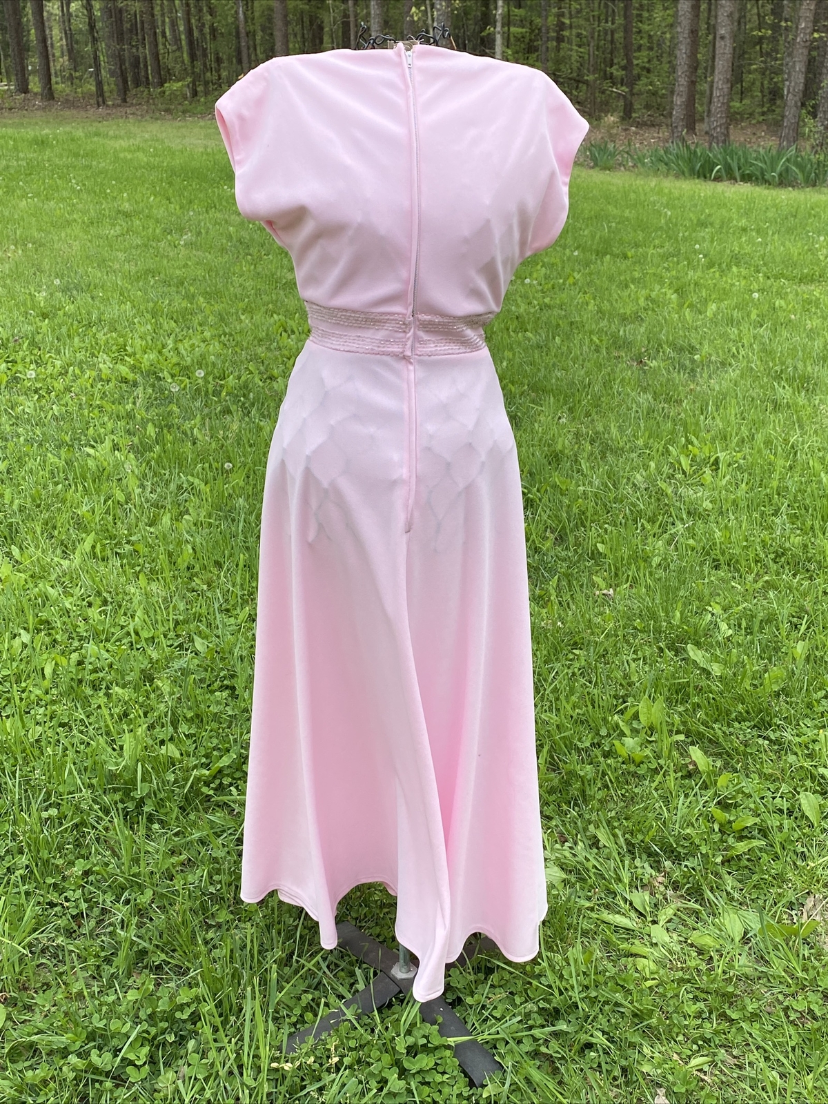 1970s Pink Double Knit Polyester Evening Gown Maxi Dress 9/10
