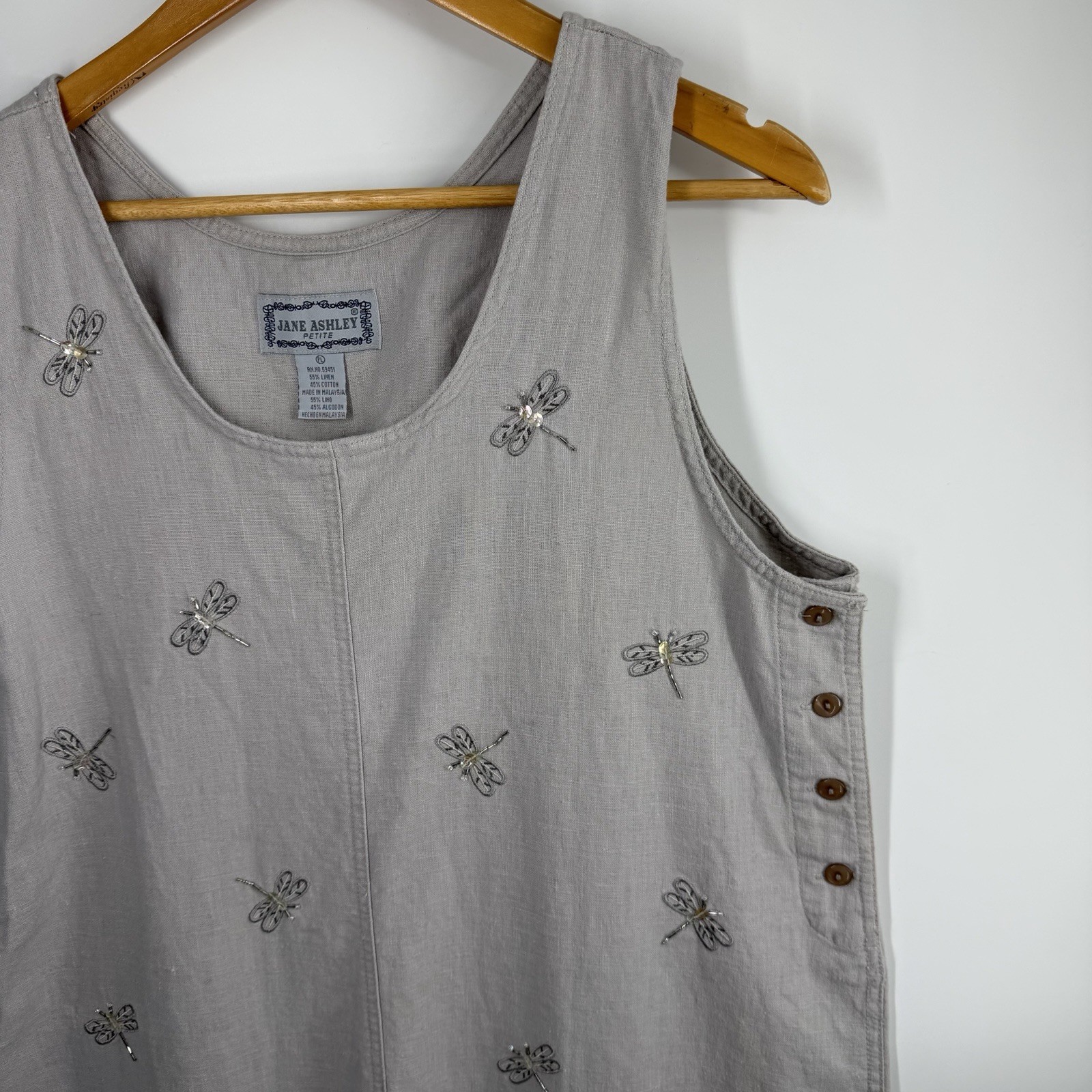 Vintage Jane Ashley Embroidered Sequin Dragonflies Embellishment Linen Dress