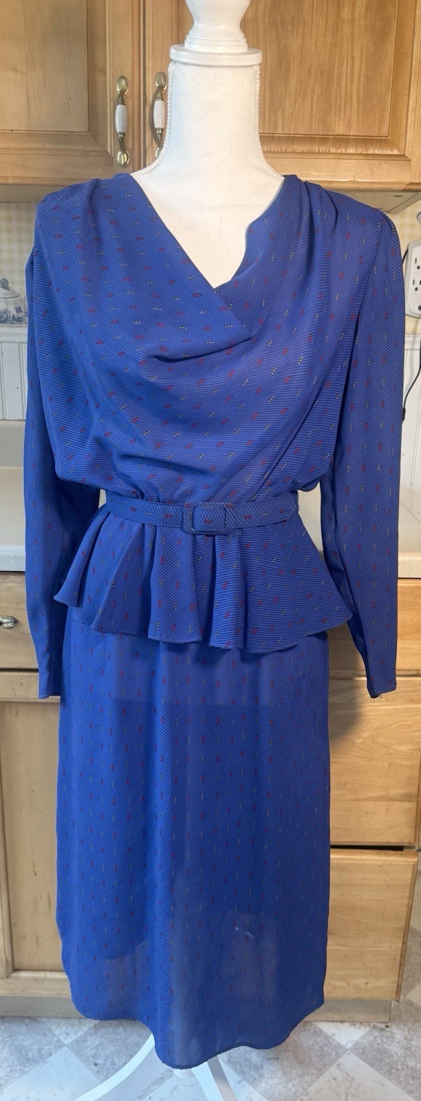 vintage 1980s Scarlett Juniors dress Sz 7/8 Blue Patterned Pleplum Waist