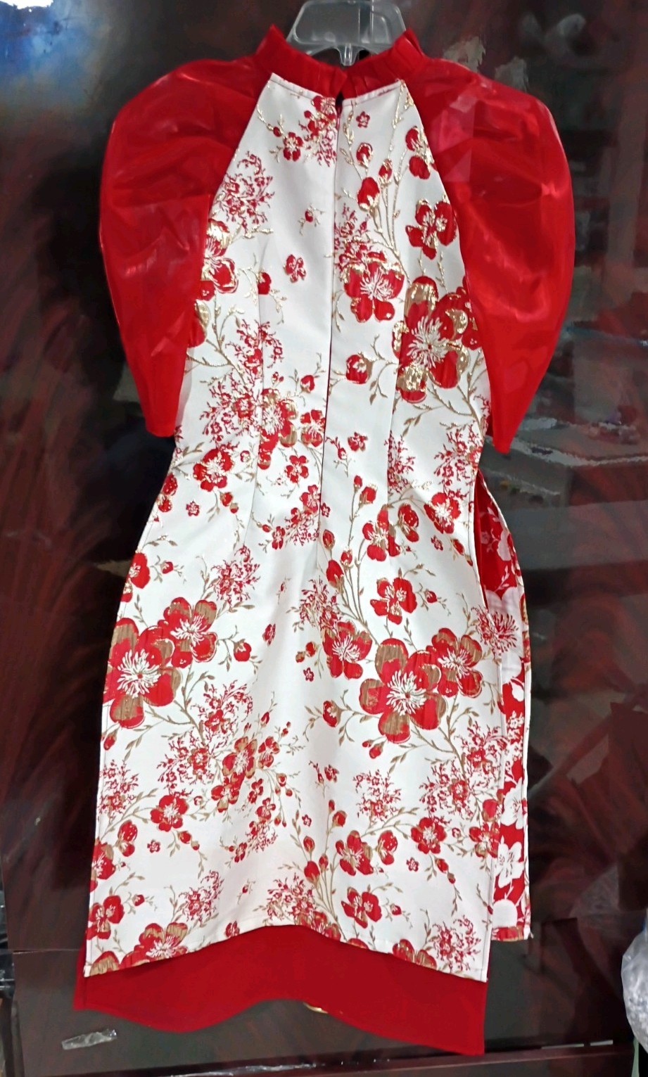 Vietnamese Áo dài Dress Ft Red Sheer Puffed Sleeves & A Floral Pattern Size S-M