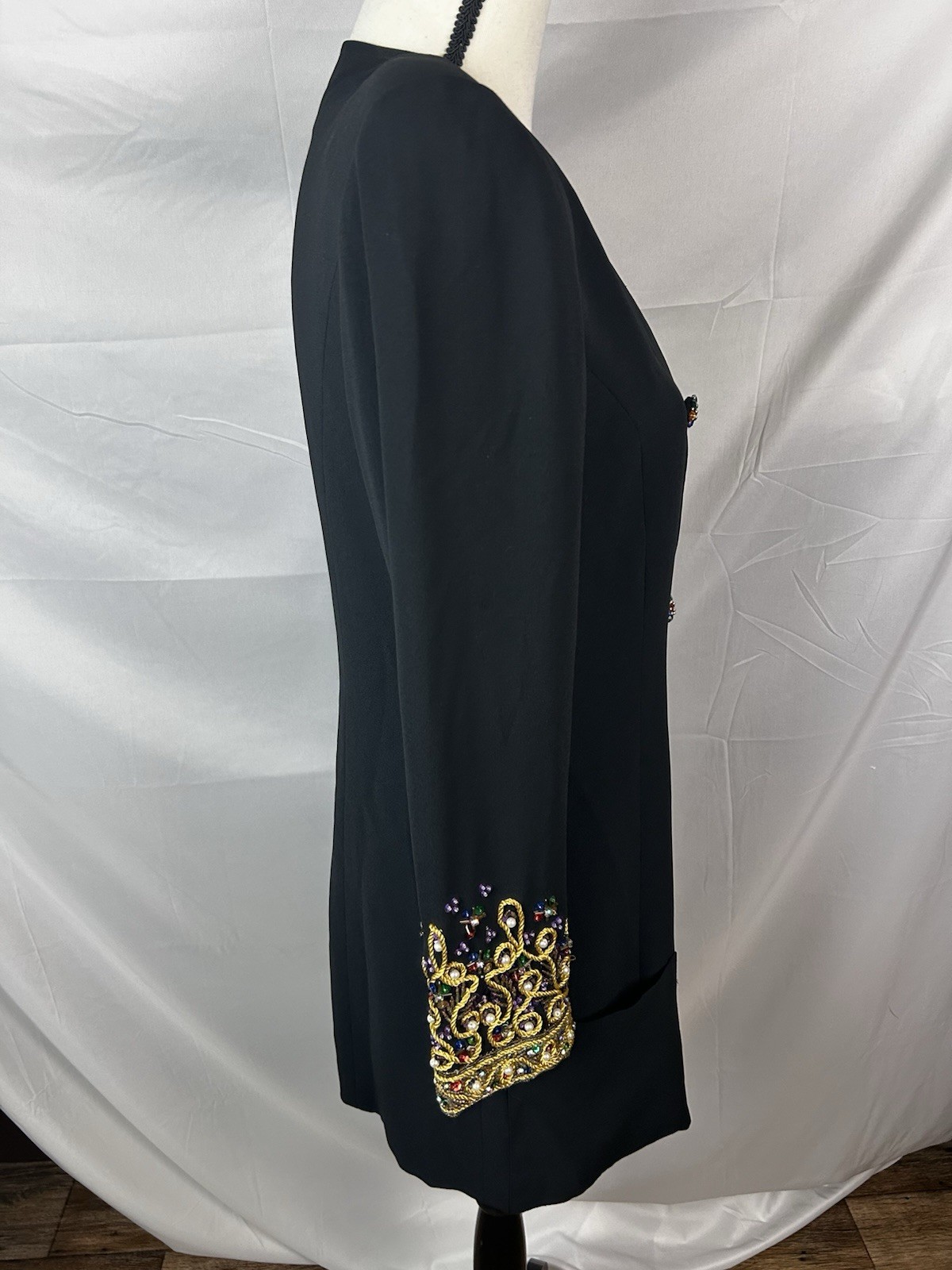 Frank Usher VTG Button Down Dress Black With Multicolor Buttons Embroidery