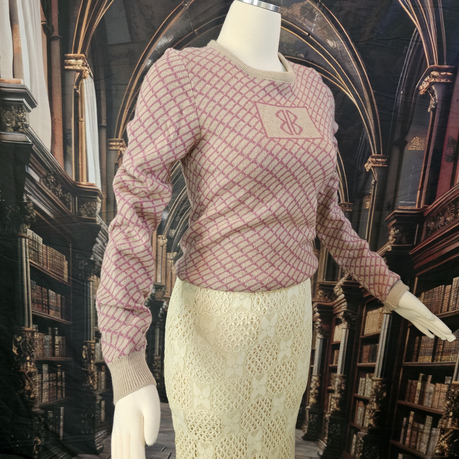 Vintage 1970s Sweater Pullover Mauve Pink Beige Diamond Pattern Double B