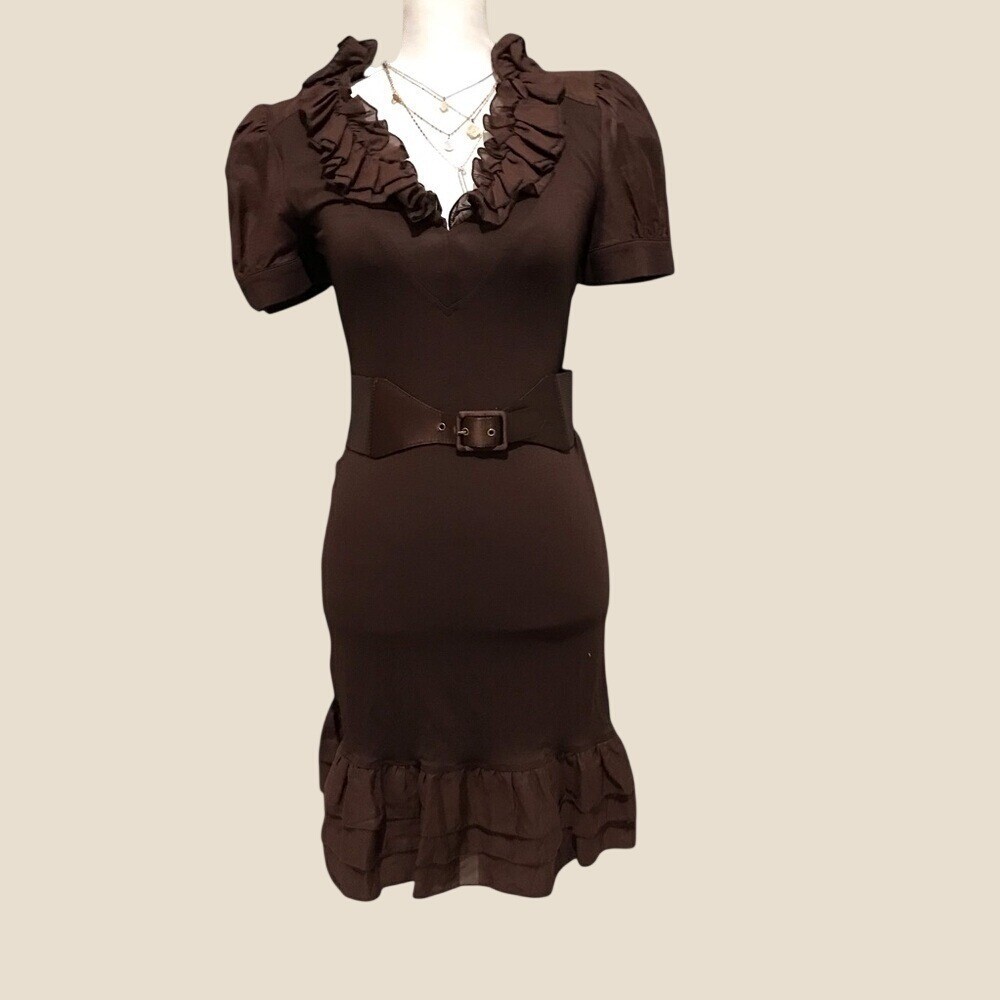 Bebe Vintage Y2k Chocolate Brown Ruffle V-Neck Belted Bodycon Midi Dress