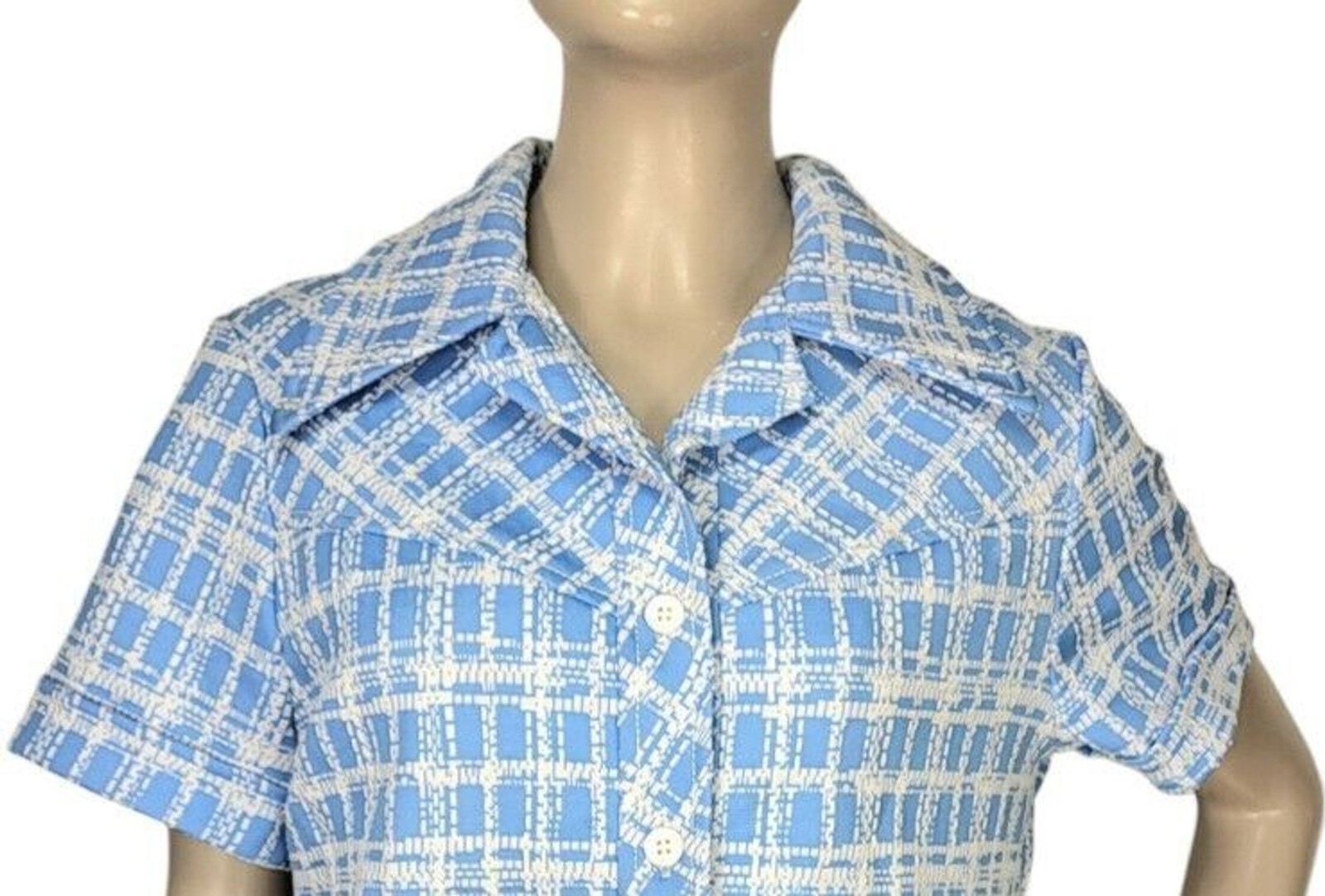 Vintage 60s MOD Blue White Plaid Button-Down Collared Smock Top Women&rsquo;s S/M/L