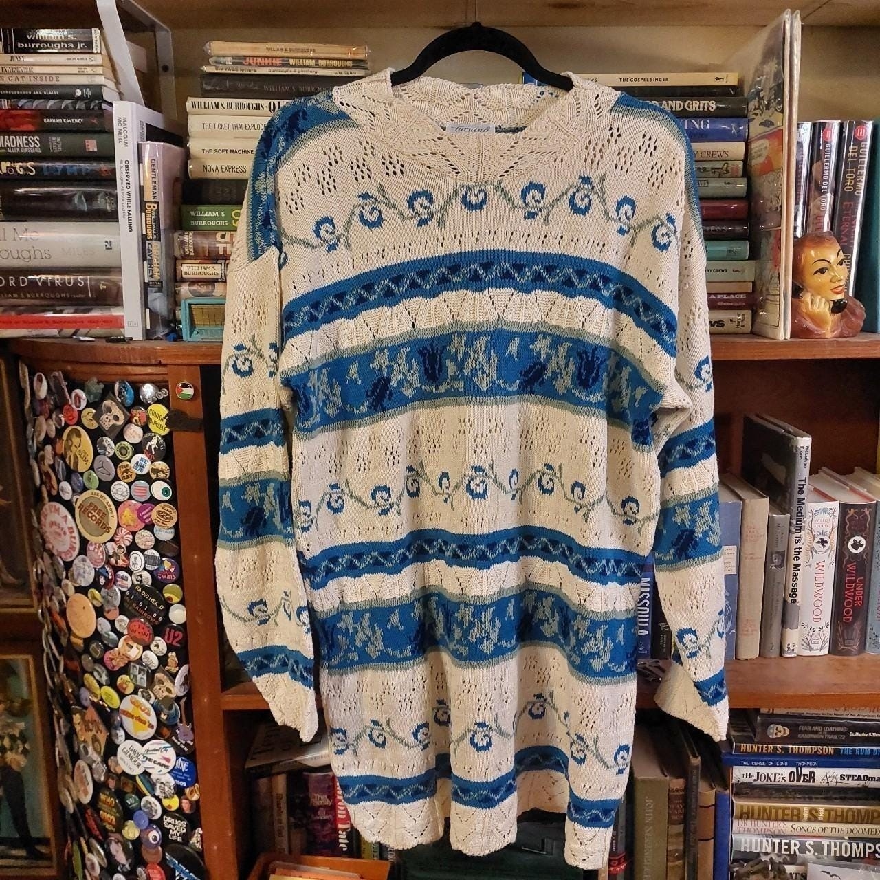 Vintage blue, green, and white striped sweater.