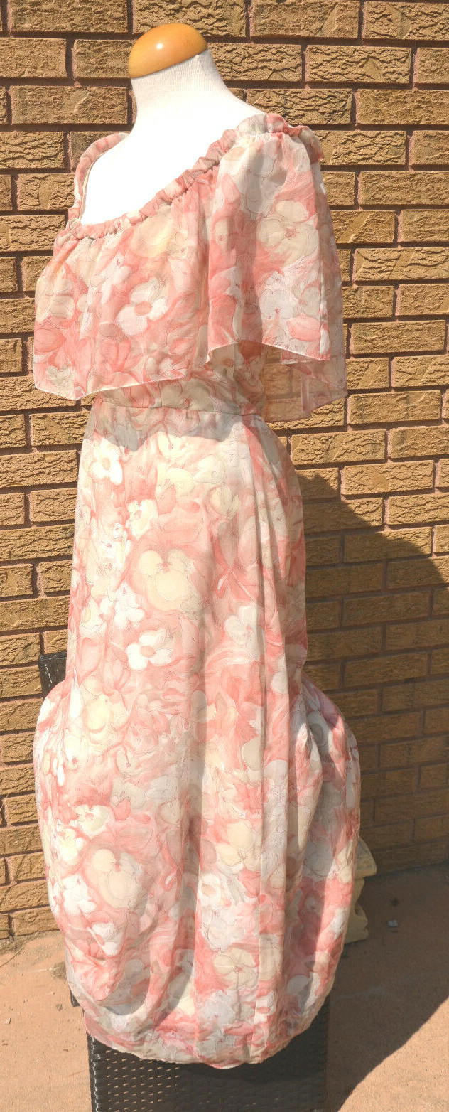 House of Bianchi Dress Boho Cottagecore Maxi Prairie Floral S Vtg 1970s Pink