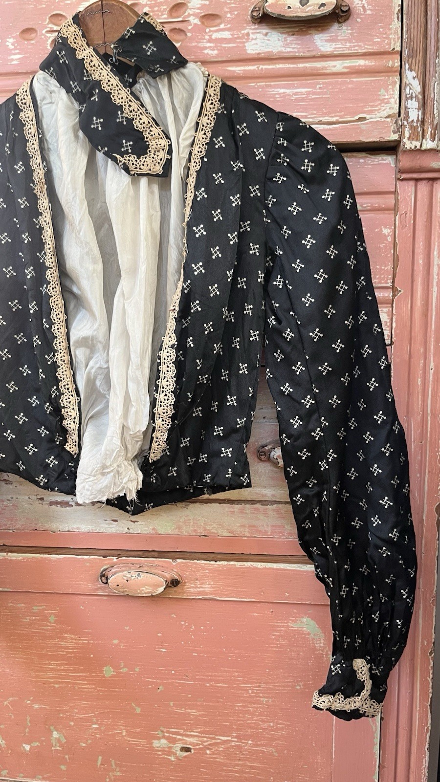 1800s Antique Victorian Edwardian Black Silk Bodice Corset Blouse Top XXS