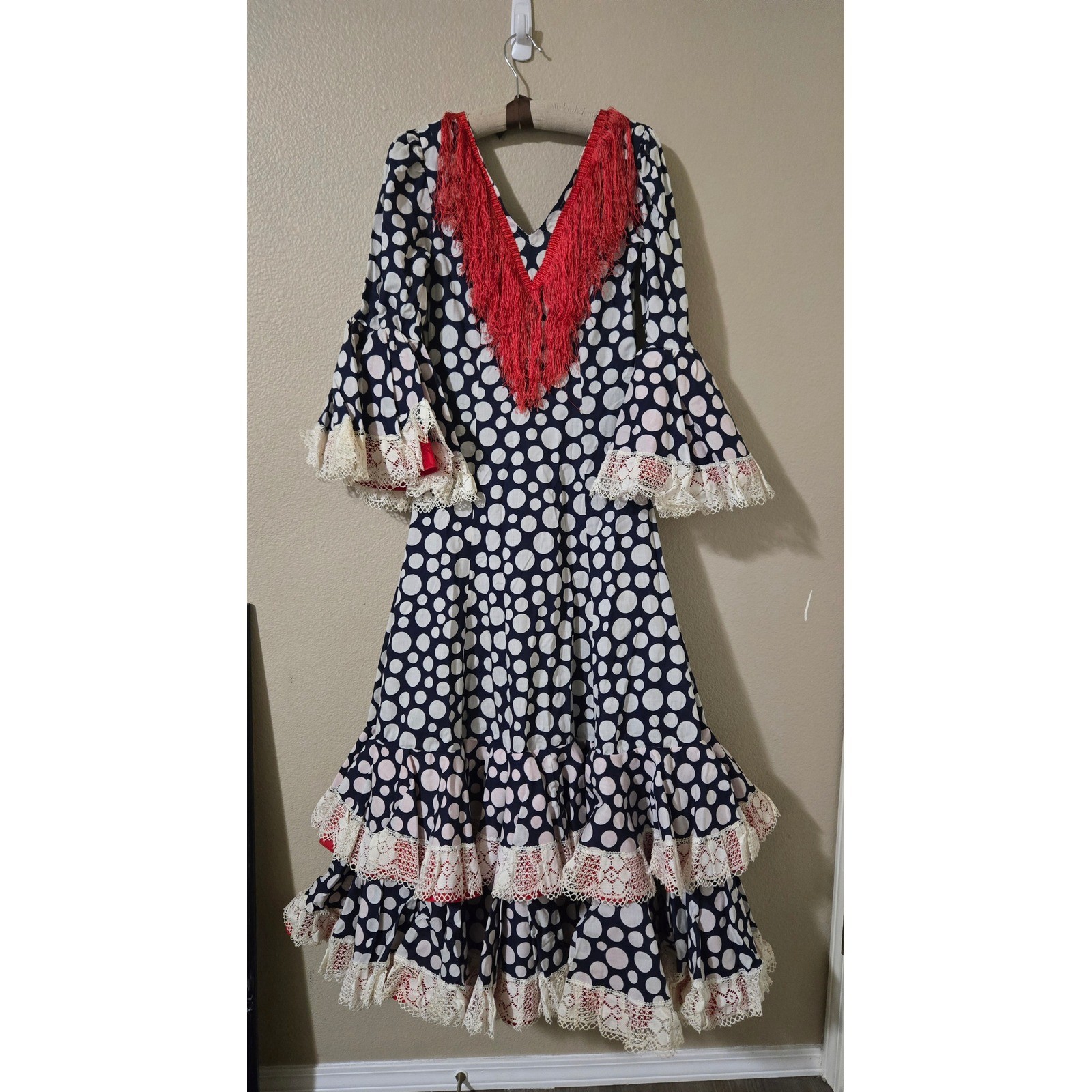 Traditional Vintage Spanish Flamenco Dress Navy Polka Dot Fringe Ruffle size XS
