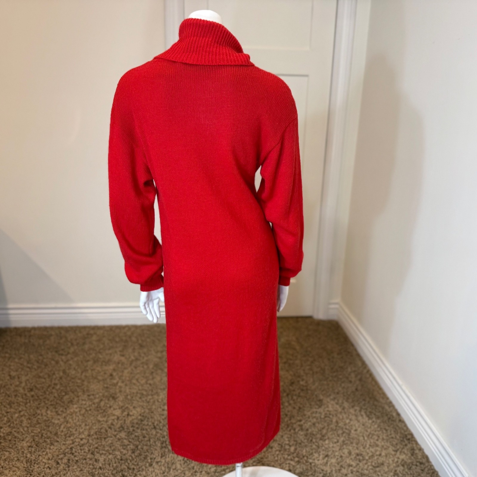 Vintage 80’s LIGHTNING BOLT SWEATER DRESS M Turtleneck Red Long Sleeved Intarsia