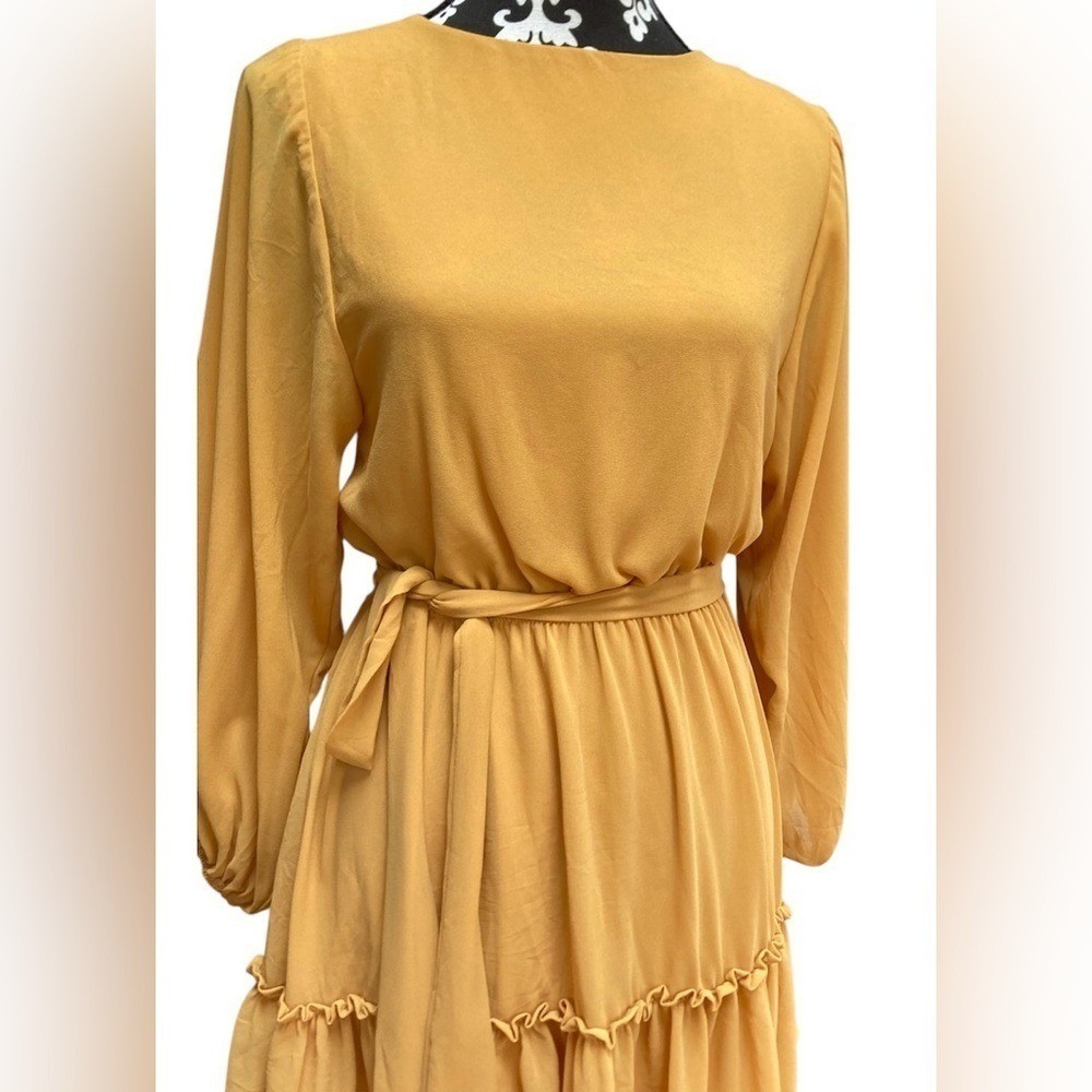 Flying Tomato Mustard Yellow Mini Dress XS Boho Long Sleeve Tiered Hem Belted