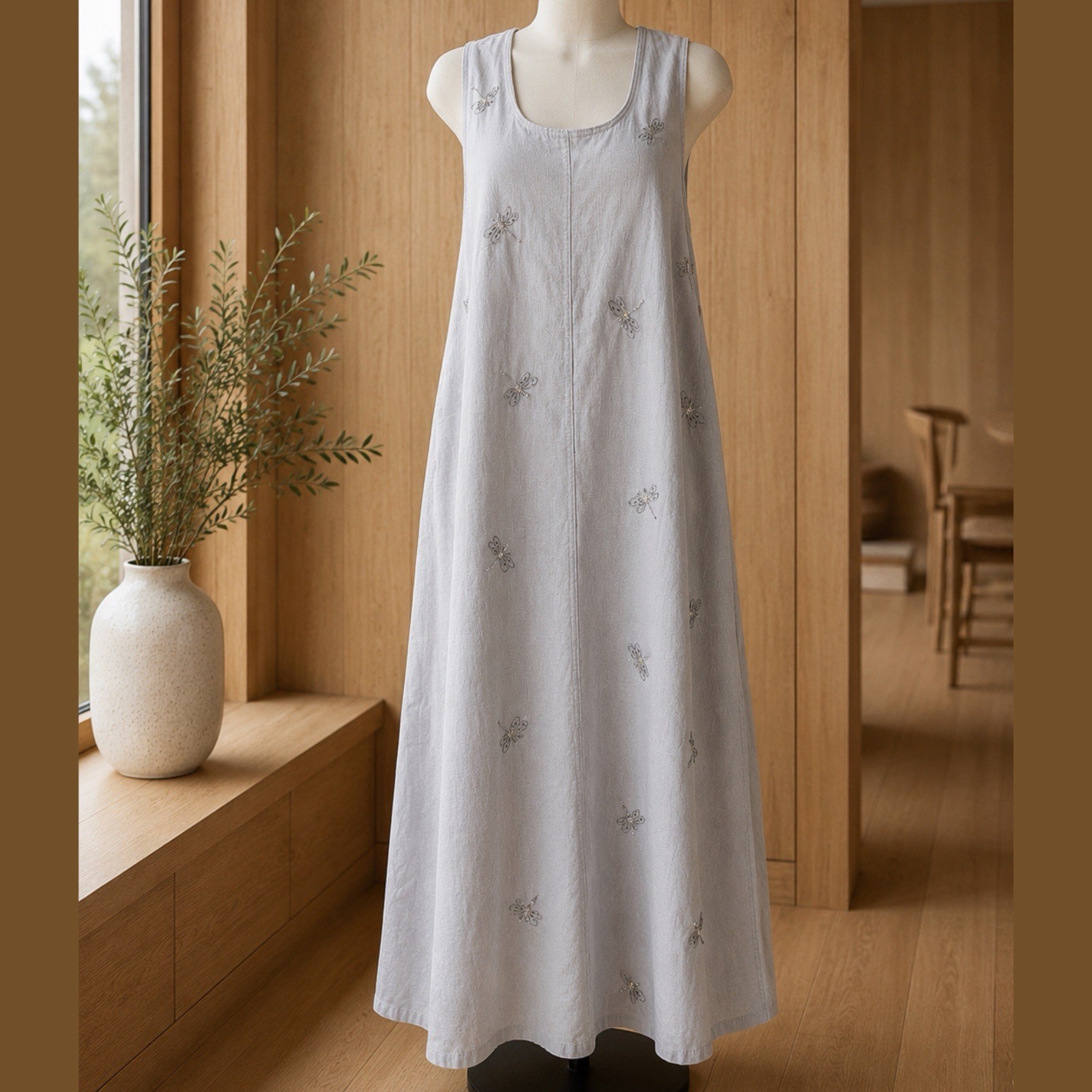 Vintage Jane Ashley Embroidered Sequin Dragonflies Embellishment Linen Dress