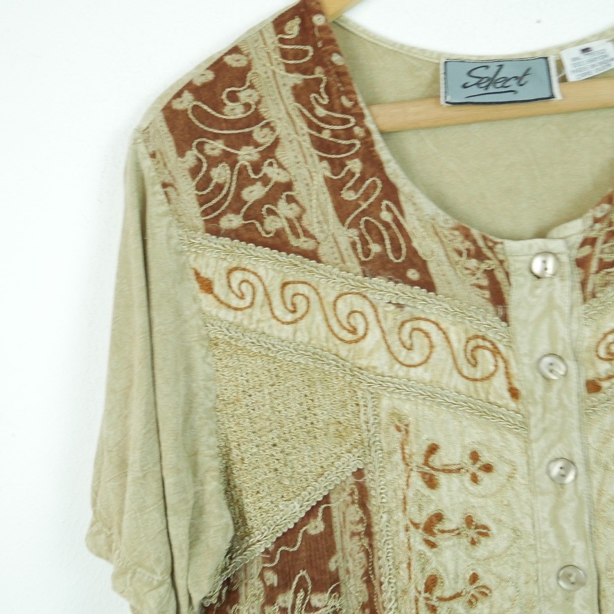 Vintage 90s XL Maxi Dress Embroidered Crinkle Festival Grunge Renaissance Button