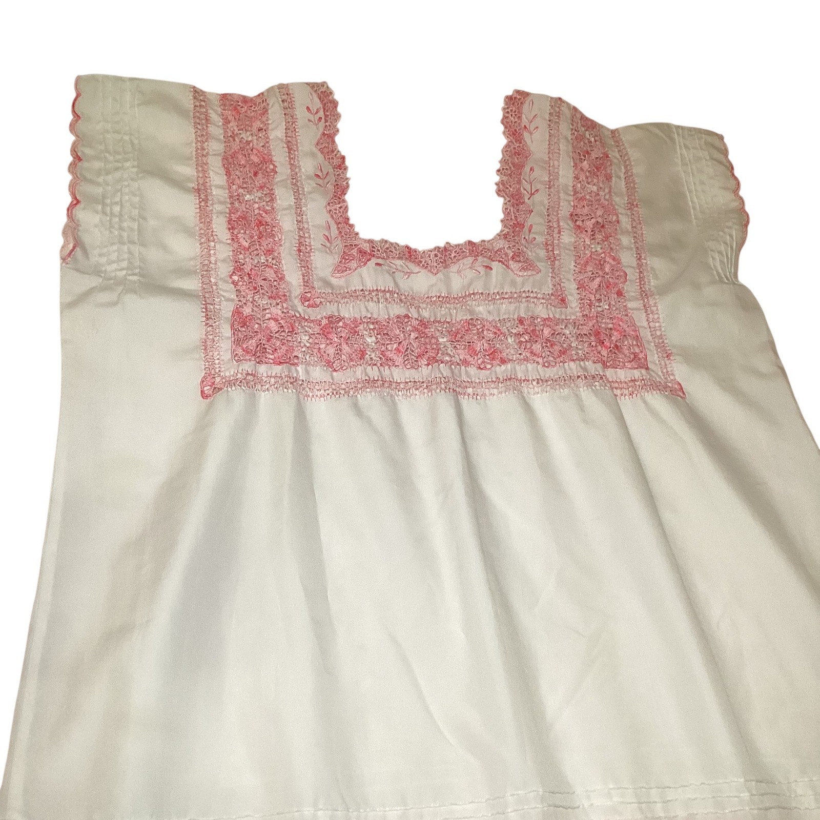 Vintage Mexican Huipil Dress White Pink Lace Floral Embroidery Square Neck 23×40