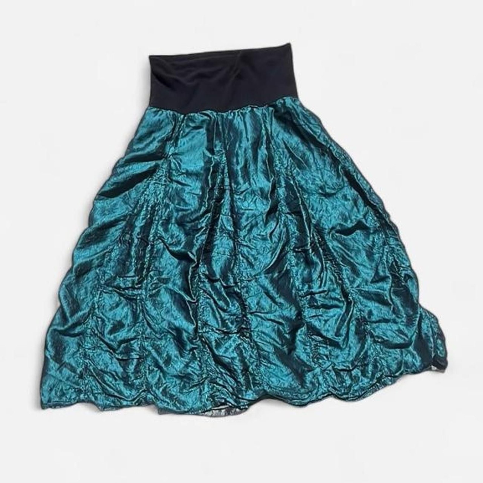 Vintage Bright Shiny Metallic Teal Turquoise Ruched Layering Skirt: Small