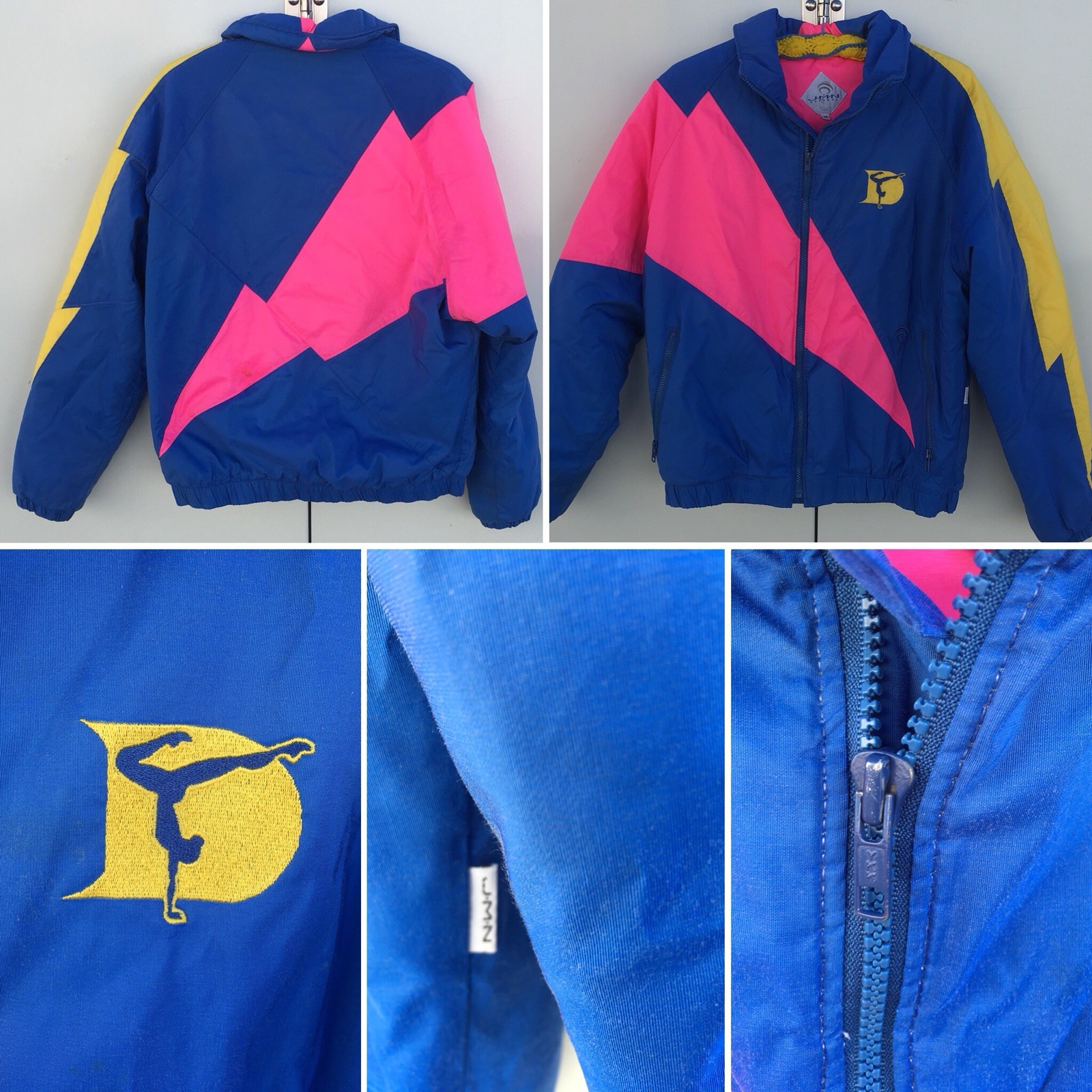 Vintage Color Block Jacket Blue Yellow Neon Pink Gymnastics Lightning Size M