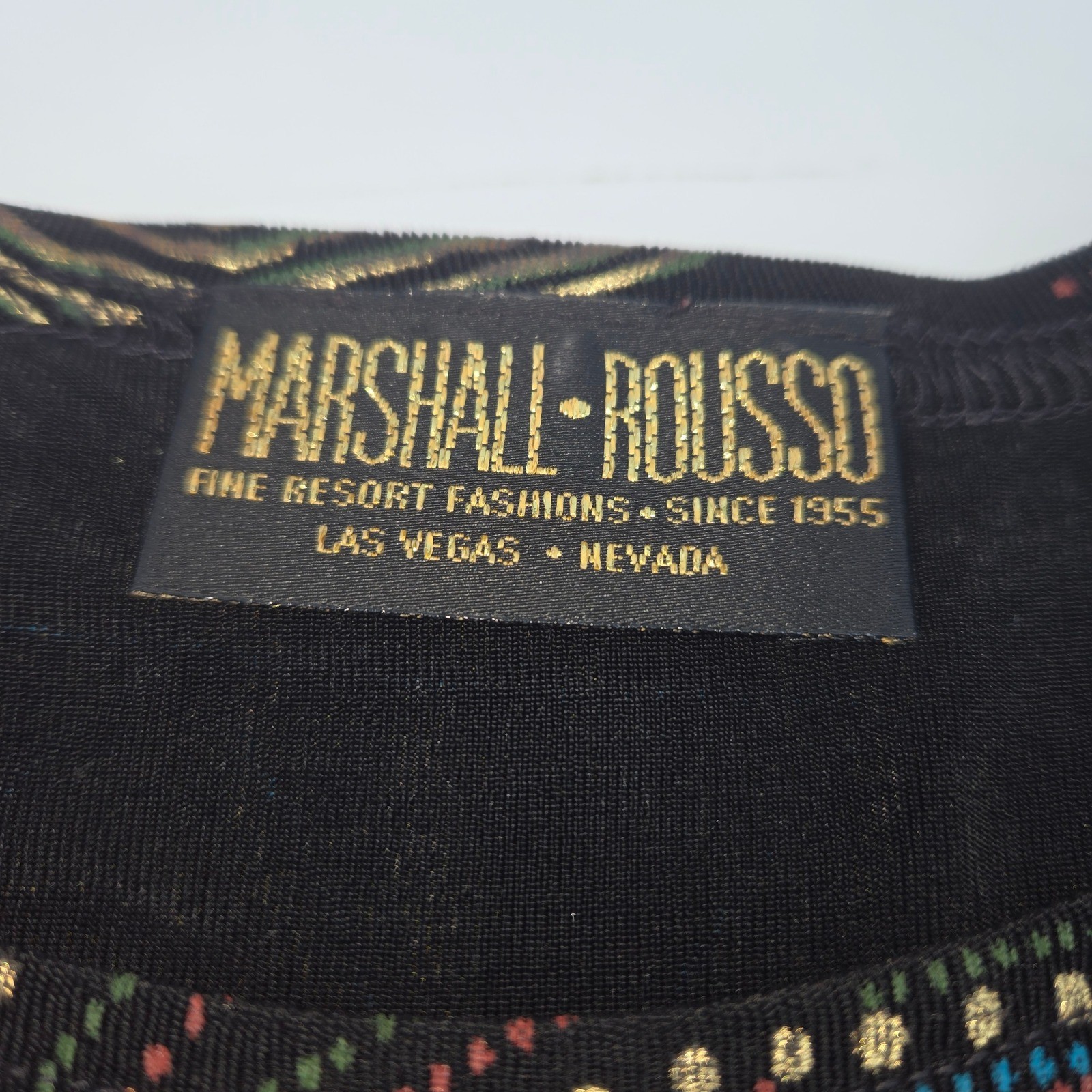 Marshall-Rousso Top M Black Geometric Abstract Vintage Artsy Resort Going Out