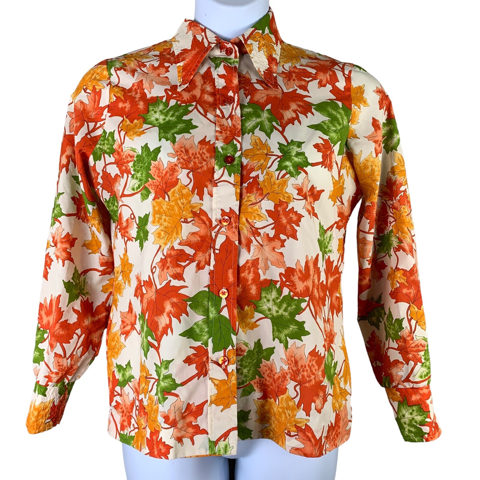 Vintage Medium Shirt Button All Over Print Fall Leaves Graphic Pykettes Top