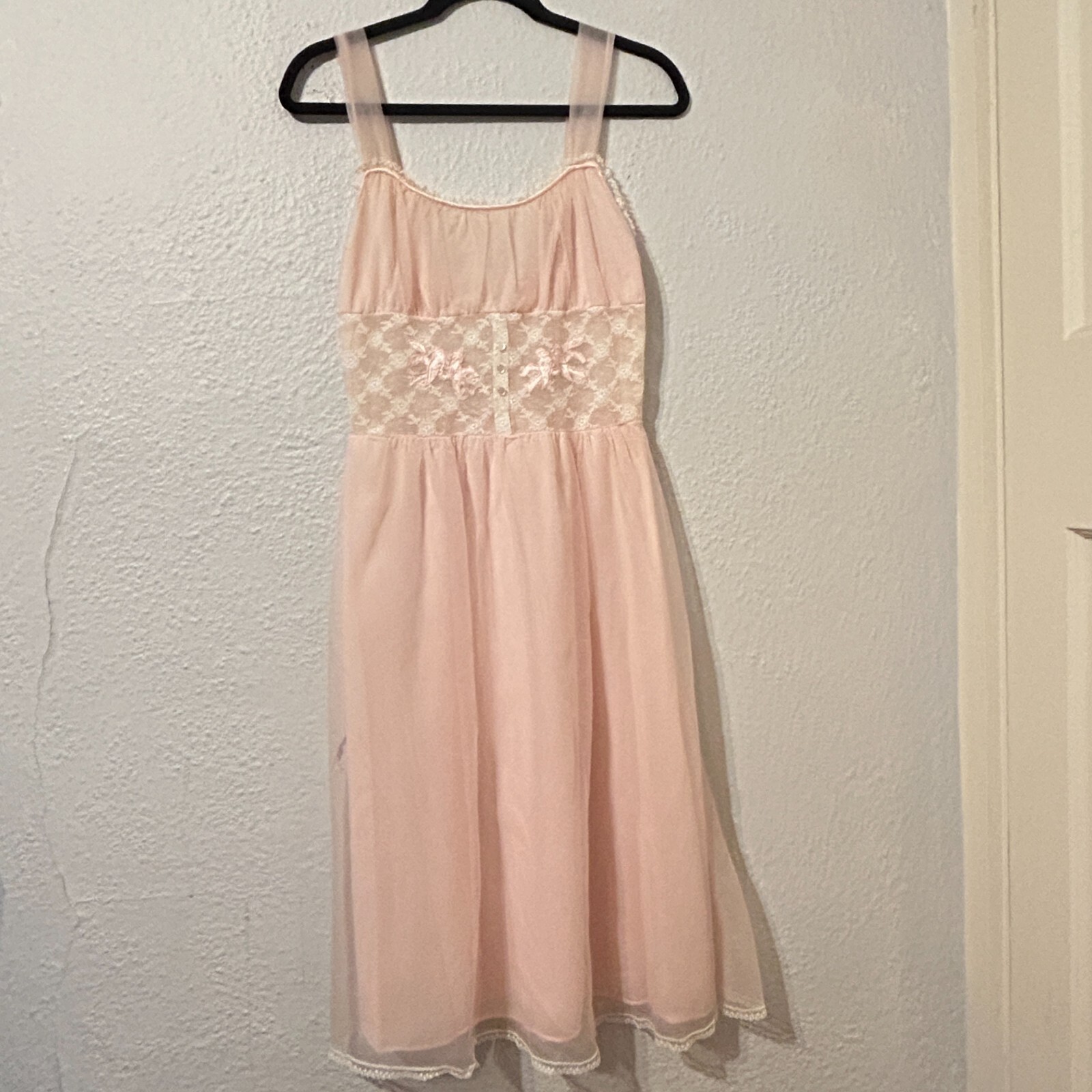 Vtg 50s Sz S Pink Babydoll Nightgown Chiffon Lace Nylon Boudoir Glamour