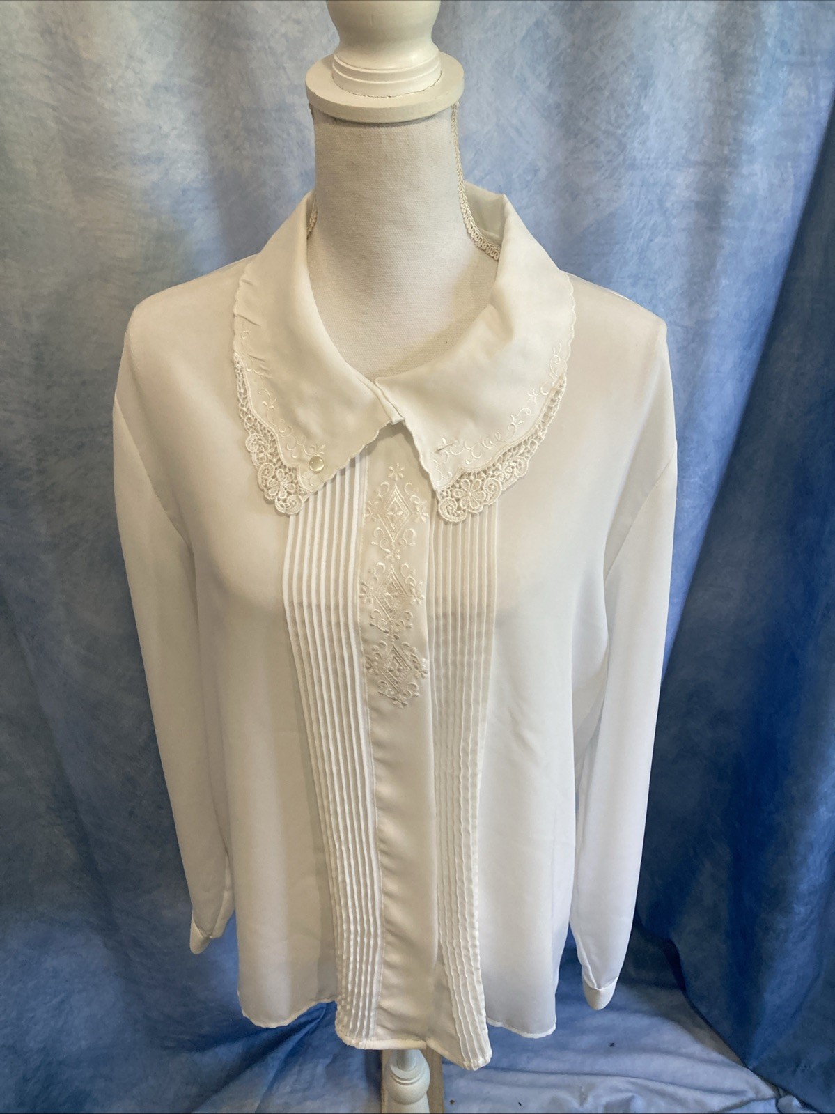 Vintage 80s Priorities White Pintuck Secretary Blouse Lace Peter Pan Collar 16