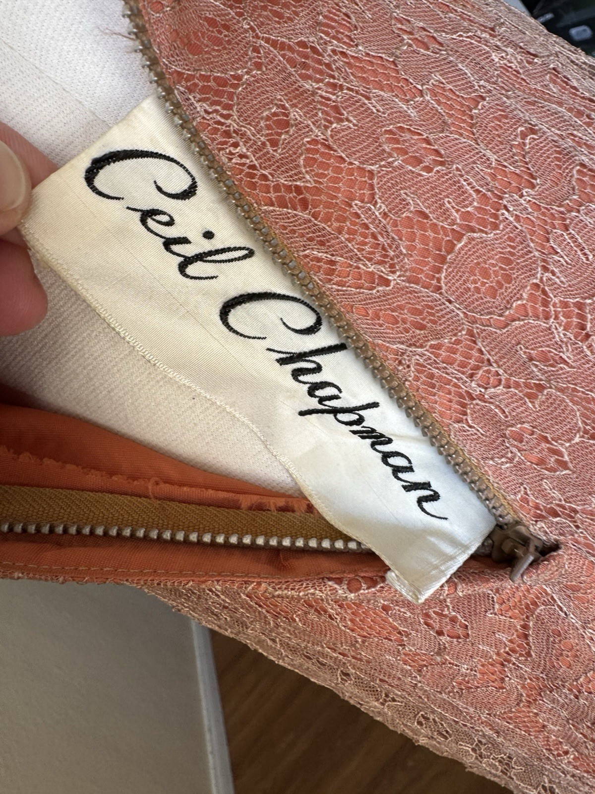 Vintage 40’s Ceil Chapman Lace Gown Peach Brown Copper 24” Waist Midi Sz 4
