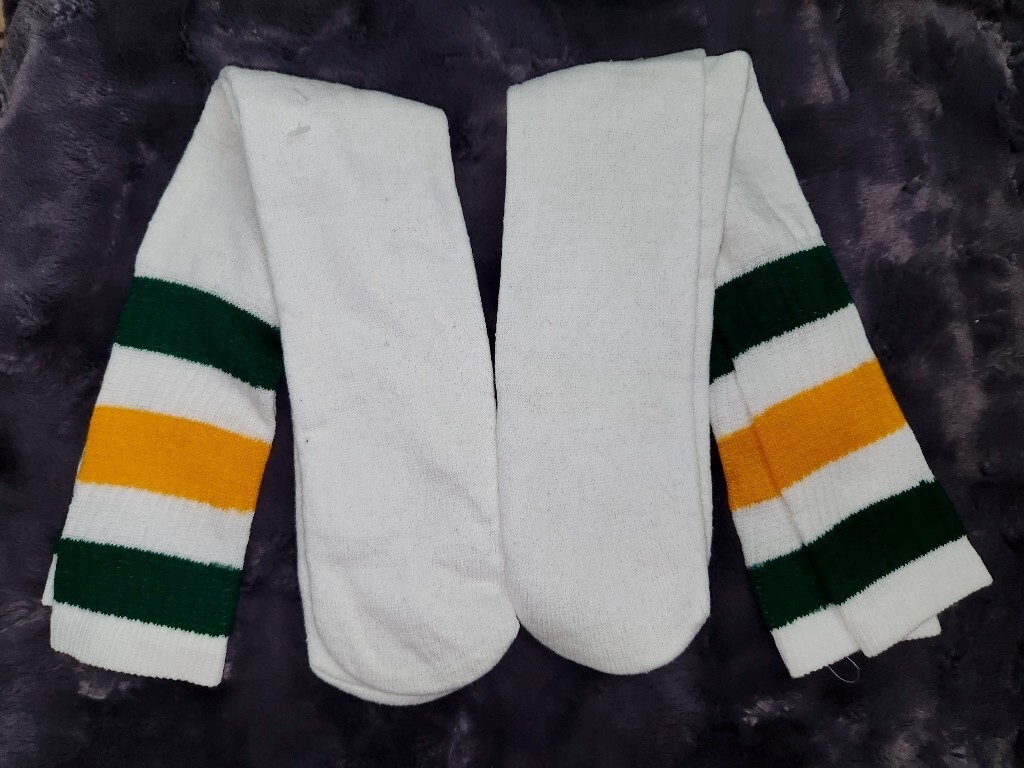 VTG 80&rsquo;s 2 Thick Stripe Tube Socks 23&Prime; long Standard Size Green Yellow White NOS