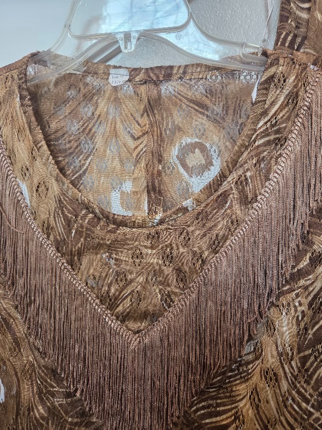 Vtg Tan Peacock Fringe 2 pc Boho Flapper Style Party Dress Size 11/12 Sheer